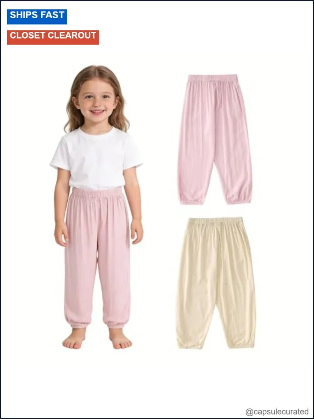 Toddler Linen-Cotton Blend Wide Leg Harem Pants 2 Pack Elastic Waist